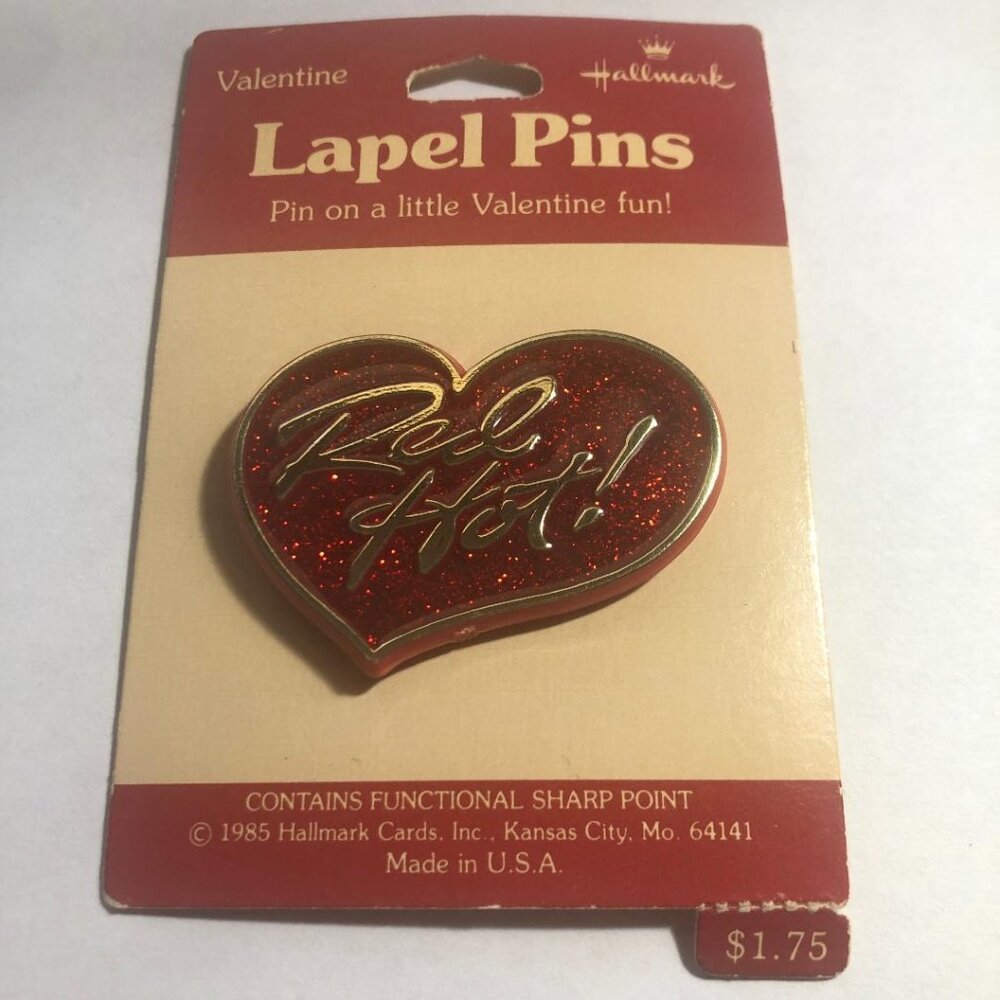 New Vintage Hallmark Lapel Pin Valentines Heart Red Hot! Gold Glitter Brooch 80s